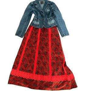 Vintage Red Paisley Maxi Skirt 70s Fine Wale Corduroy Elastic Waist S M L